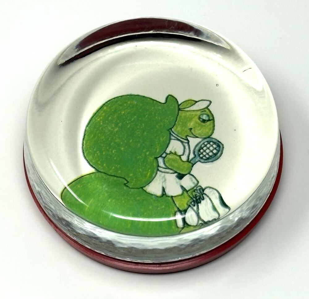 Vtg 70s Tennis Turtle Cartoon Paperweight Tabletop Glass Decor Desk Top *READ